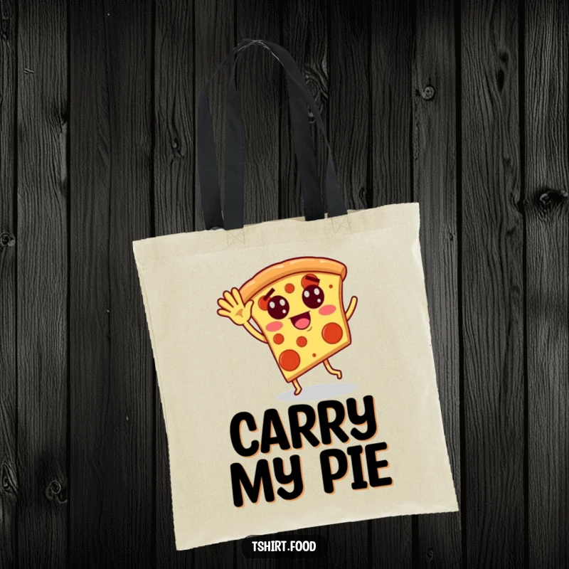 Funny tote bag with a pizza slice sporting pepperoni eyes, waving and dancing silliy, perfect for carrying items with flair.