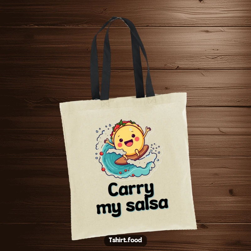 Funny tote bag illustration of a happy taco character riding a salsa wave, ready for beach trips or grocery runs with a smile.
