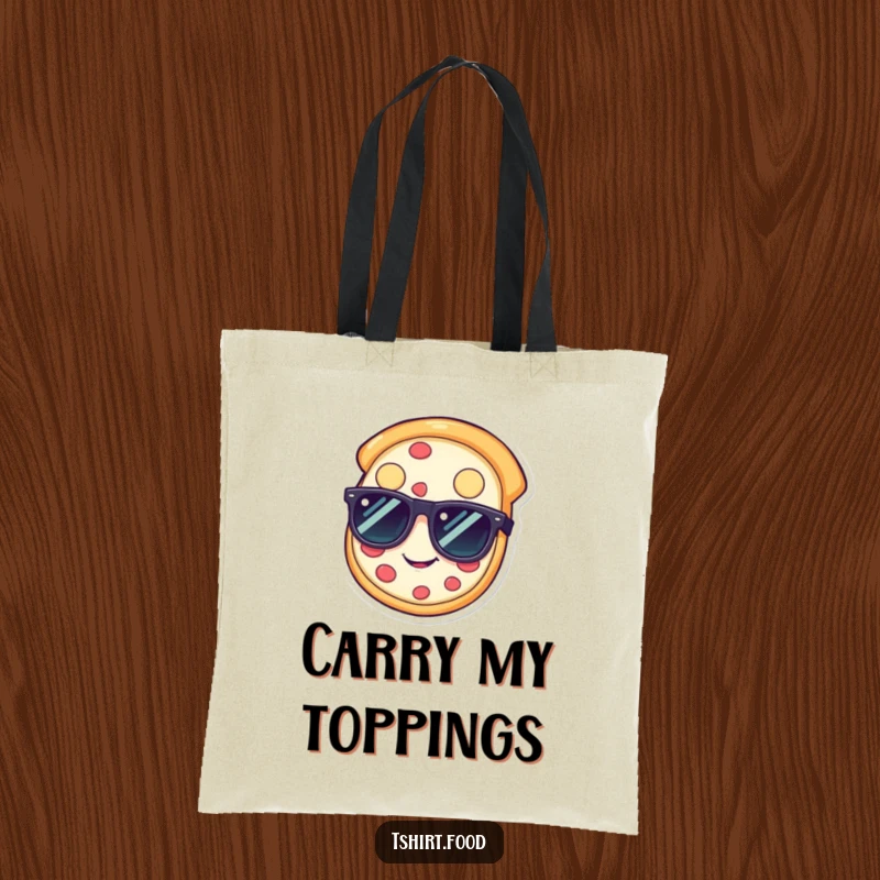 Funny pizza tote bag with a happy slice wearing sunglasses, ideal funny gift.