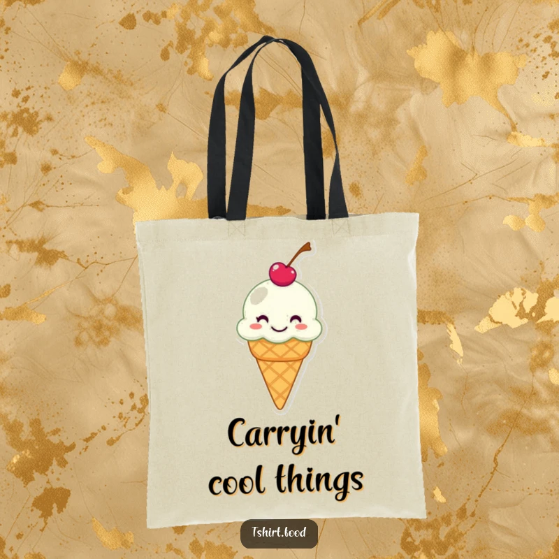 Funny tote bag with a grinning ice cream cone with a cherry on top, humorously sliding, perfect for shopping and everyday use.