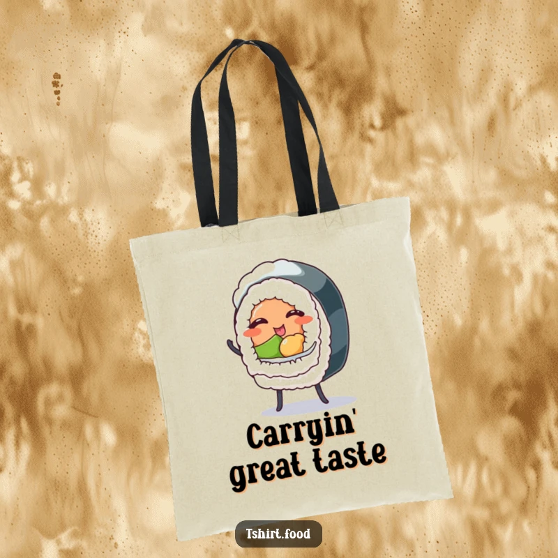 Funny tote bag with a winking sushi roll doing a dance, ideal for groceries or everyday carry with a humorous touch.