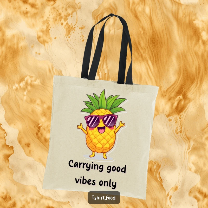 Funny pineapple tote bag featuring a character in sunglasses doing a lively shimmy, perfect for stylish, fun shopping.