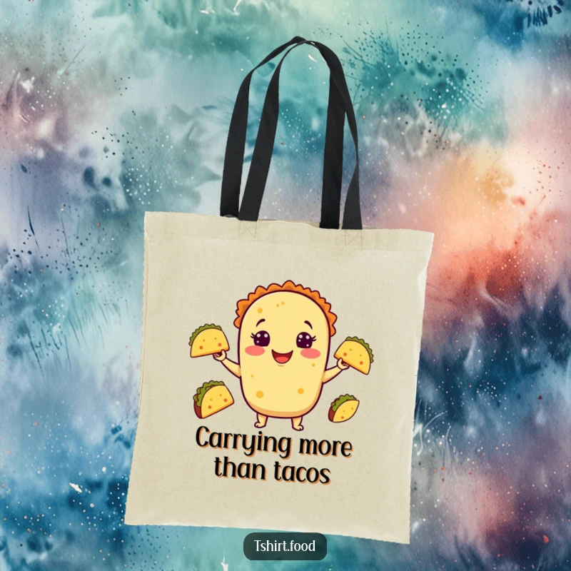 Funny Taco Juggling Tote Bag featuring a smiling taco artistically tossing small tacos, a perfect accessory for grocery runs and daily adventures.