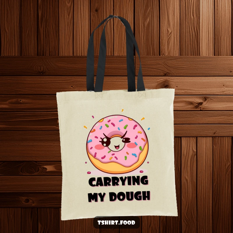 Funny tote bag showcasing a kawaii donut throwing colorful sprinkles while giving a mischievous wink, perfect for stylish carrying.