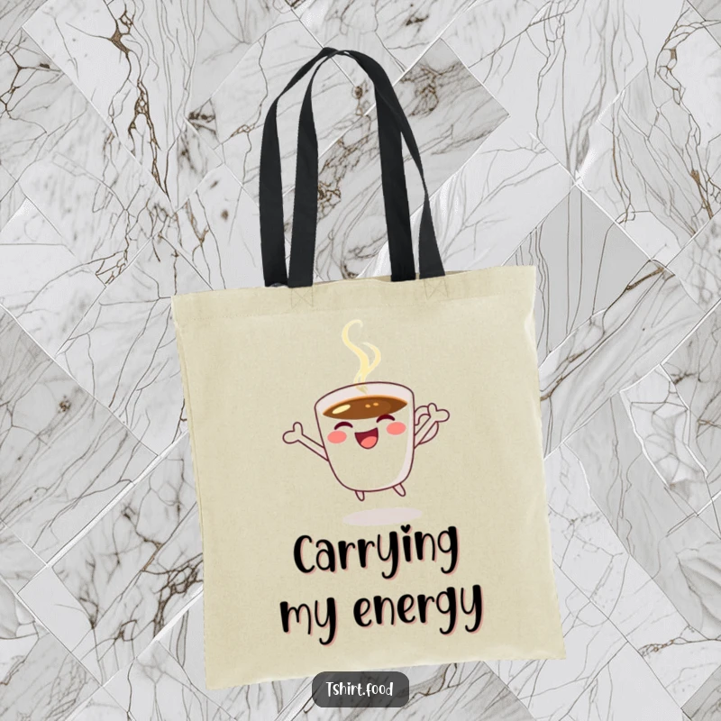 Funny coffee tote bag showing a happy coffee cup winking and jumping for joy, ideal for daily use.