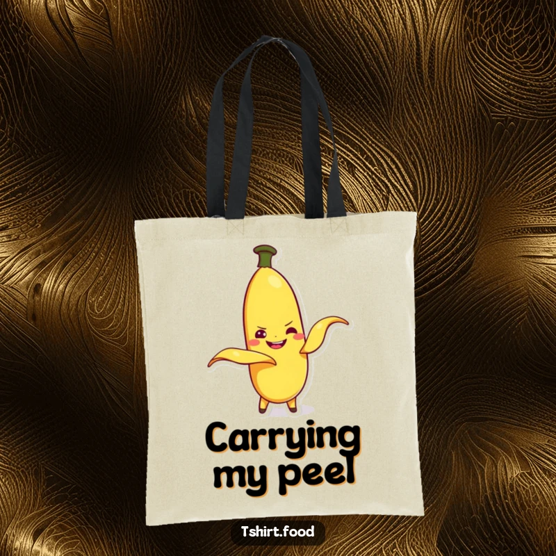 Funny banana character peeling itself with a mischievous grin, on a tote bag. Practical and humorous accessory.