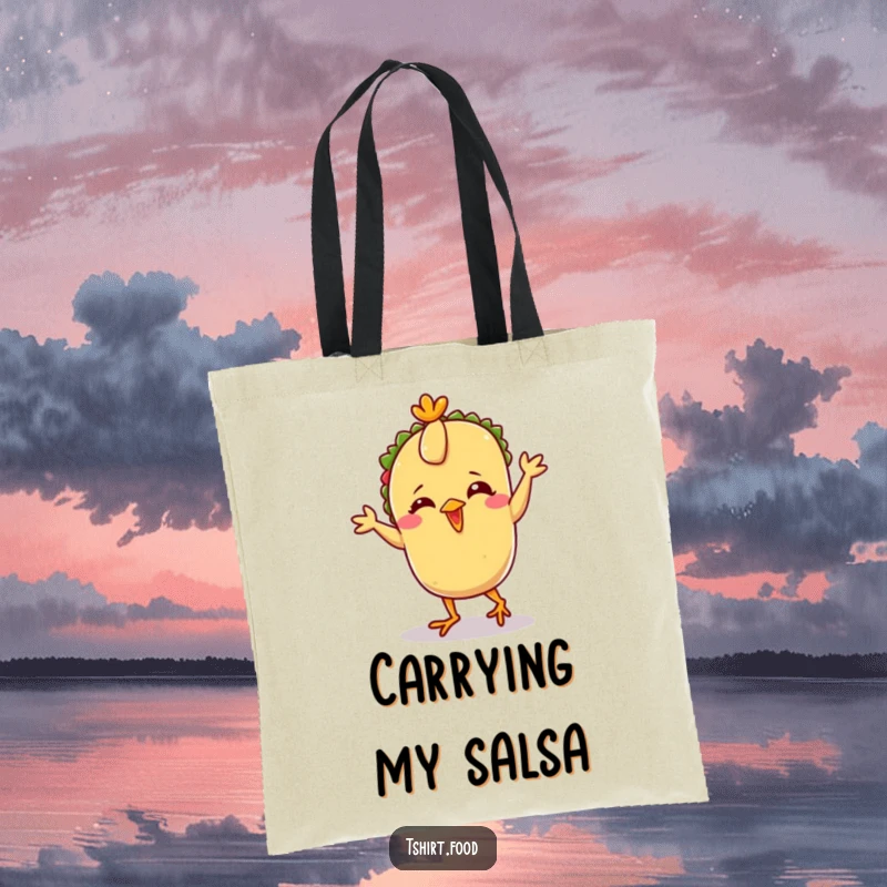 Funny Taco Chicken Dance Tote Bag depicting a giggling taco with tiny feet busting out the chicken dance moves, a humorous accessory.