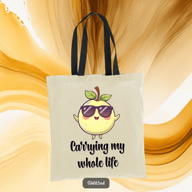 Funny winking plum with sunglasses, masterfully balancing on a durable tote bag, a stylish and humorous accessory.