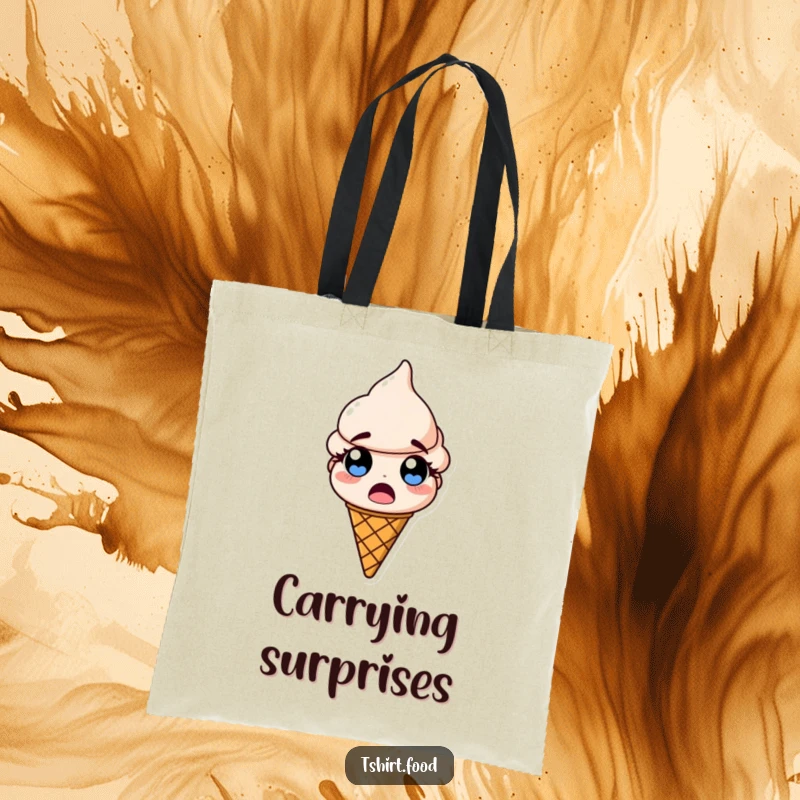 Funny tote bag illustration of a surprised ice cream cone with wide, popping eyes, ready to hold all your essentials.