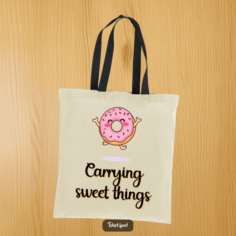Funny Tote Bag showcasing a jumping donut character with sprinkles doing a dance, perfect for carrying treats and cheerful vibes.
