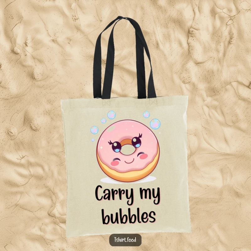 Funny tote bag with a cheerful donut character happily blowing iridescent bubbles, perfect for carrying essentials with sweet and bubbly flair.