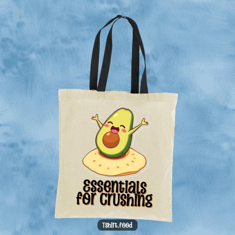 Funny avocado tote bag featuring a laughing character doing a somersault on a tortilla, great for stylish errands.