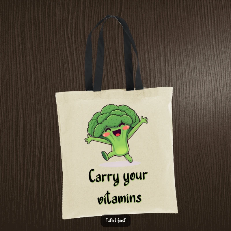Funny Broccoli Tote Bag: A joyous broccoli character doing a cartwheel with arms wide, perfect for carrying your healthy finds with flair.