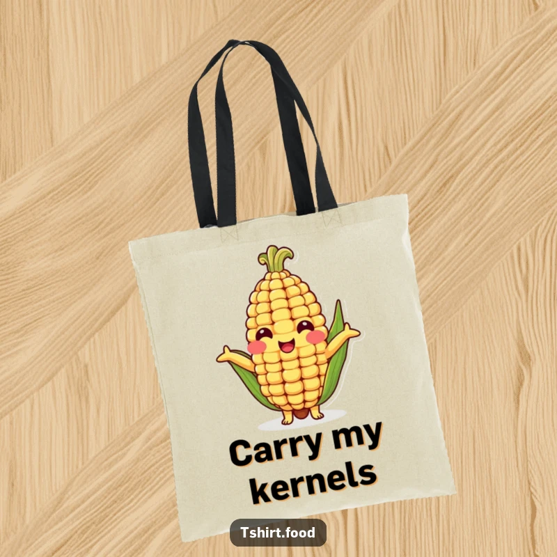 Funny tote bag featuring a cheerful corn cob character with arms wide open, offering a humorous and welcoming hug.