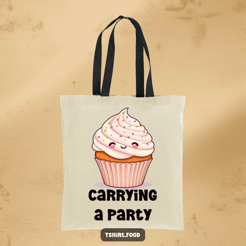 Funny tote bag showcasing a cheerful cupcake character dusted with tiny confetti, ideal for carrying essentials with festive flair.