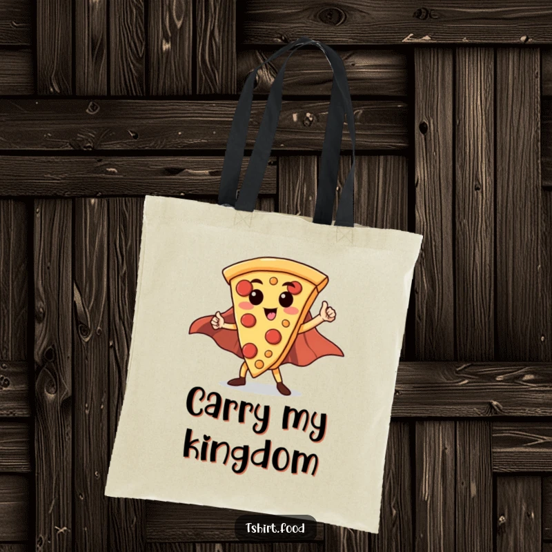 Funny Hero Pizza Slice Tote Bag: A proud pizza slice with a flowing cape poses heroically, ready to carry your items.