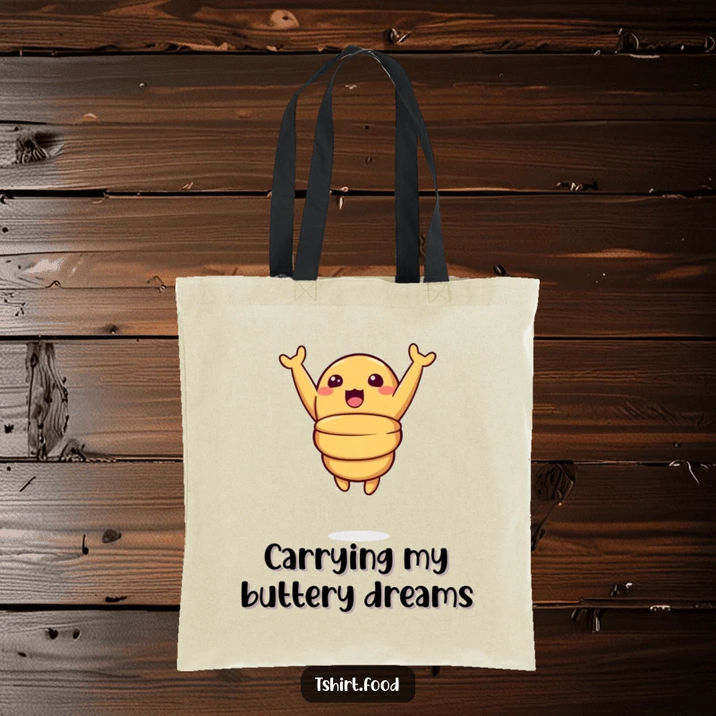 Funny tote bag featuring a surprised croissant character leaping dynamically mid-air, arms up in joyful surprise, a playful accessory for daily errands.