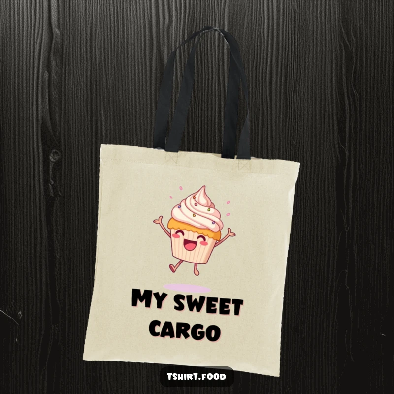 Funny leaping cupcake tote bag featuring a happy cupcake mid-leap with frosting raining down, a delightful and humorous accessory.
