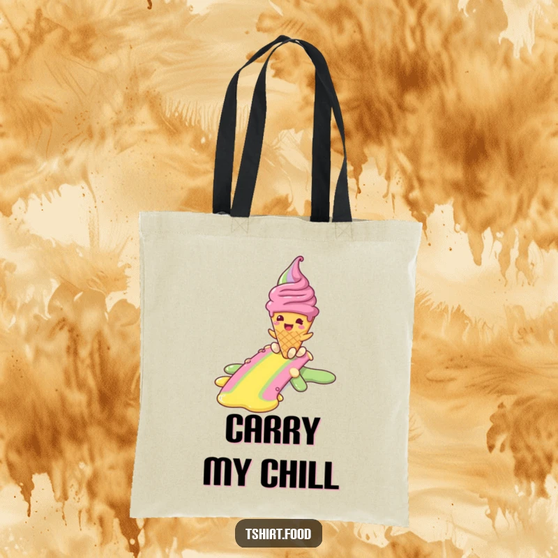 Funny tote bag featuring a smiling ice cream cone character sliding down a rainbow, perfect for carrying essentials with a sweet, humorous touch.