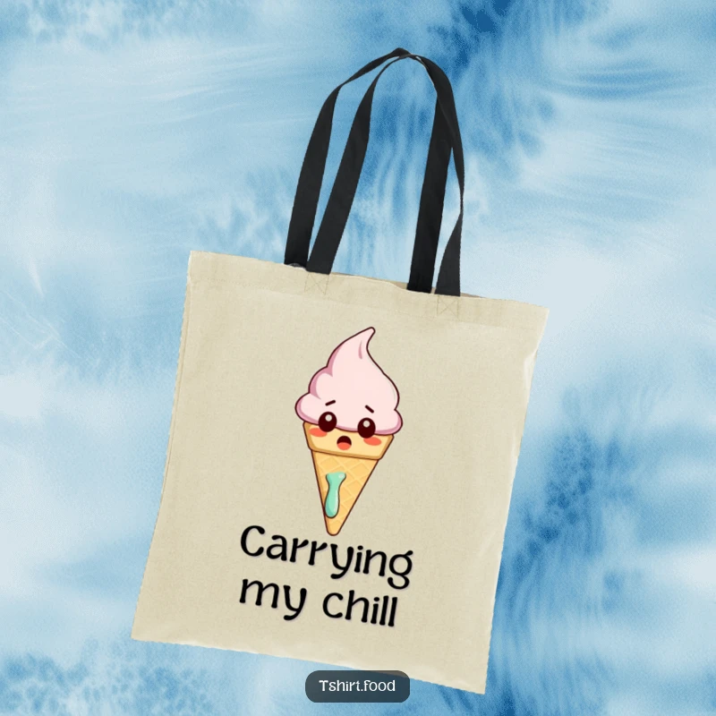 Funny tote bag showing a surprised ice cream cone character slightly melting, ideal for carrying items with whimsical humor.