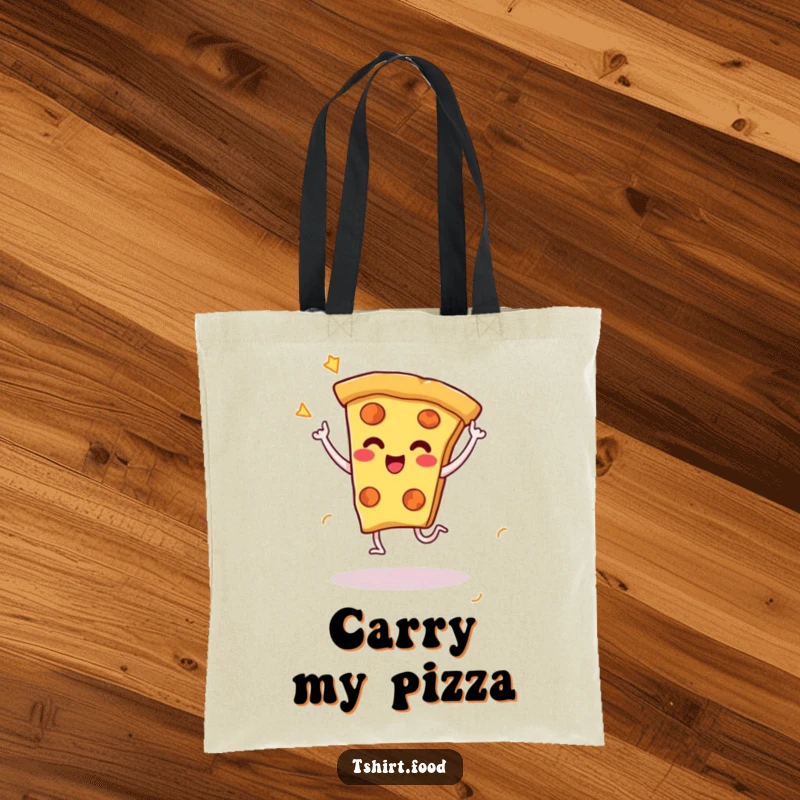 Funny tote bag illustration of a cheesy pizza slice character doing a happy dance with little legs, perfect for carrying groceries with pizzazz.