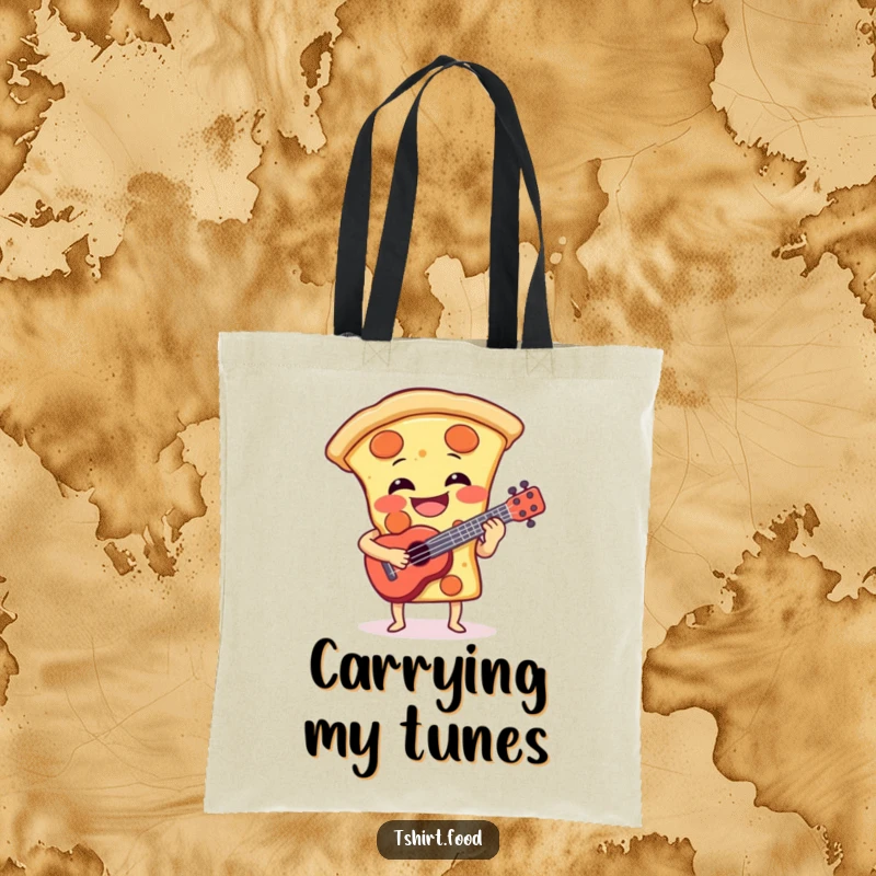 Funny tote bag showcasing a laughing pizza slice playing a tiny ukulele, perfect for stylishly carrying essentials with musical humor. Funny gift.