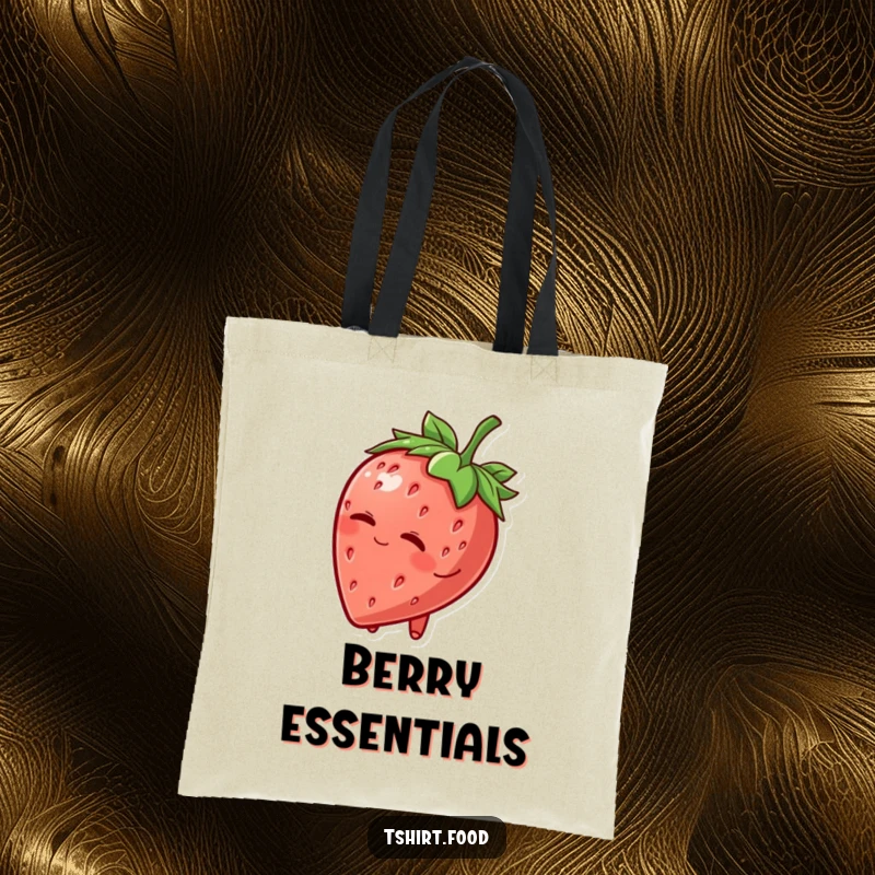 Funny Tote Bag: A smiling strawberry character tips its leafy hat and winks, showcasing its playful and charming personality.