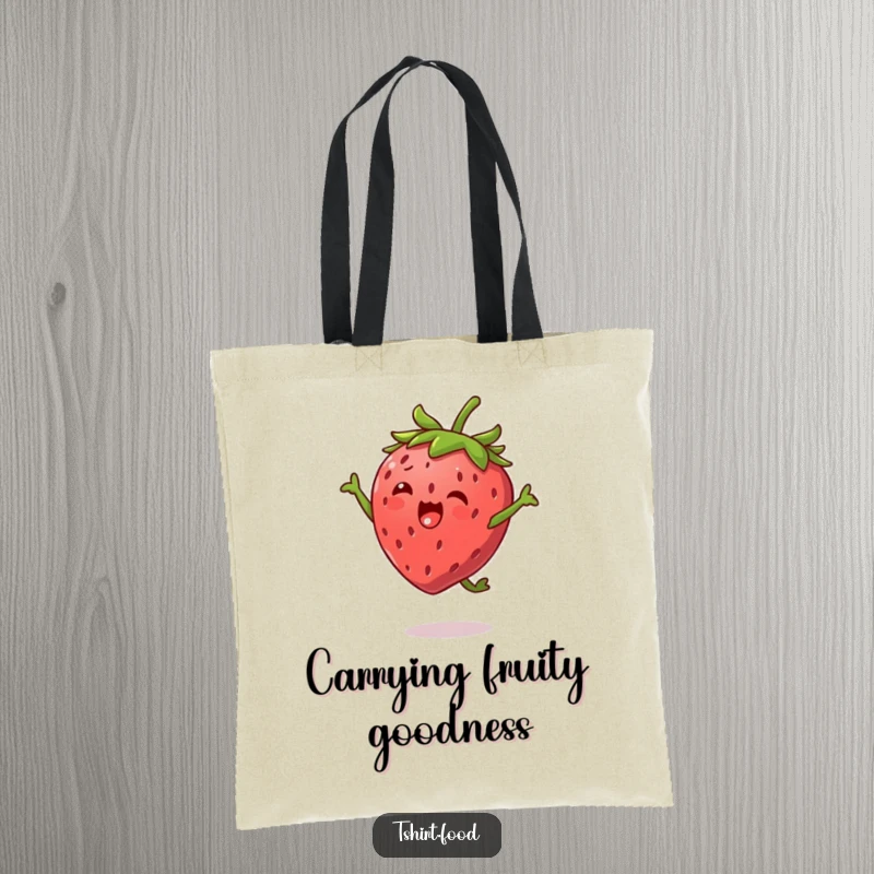 Funny Strawberry Jump Tote Bag depicting a happy strawberry character with tiny leaf arms, performing an energetic high jump, a humorous accessory.