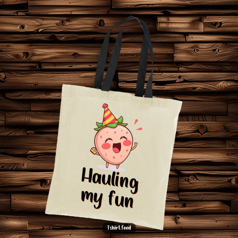 Funny Strawberry Party Tote Bag: An excited strawberry with a party hat blows a horn, a fun accessory.