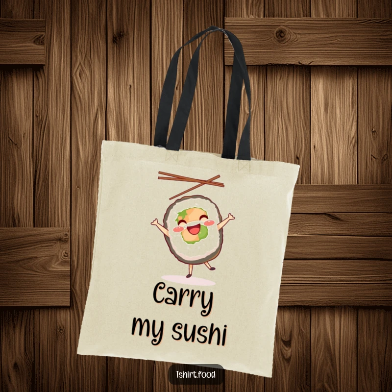 Funny tote bag showcasing a sushi roll doing a cheerful cartwheel with chopsticks flying, perfect for carrying items with flair.