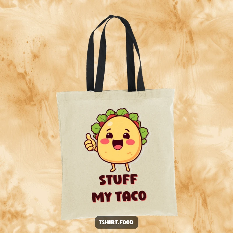 Funny Tote Bag: A cheering taco with little arms gives a thumbs up, perfect for carrying groceries with Mexican flair.