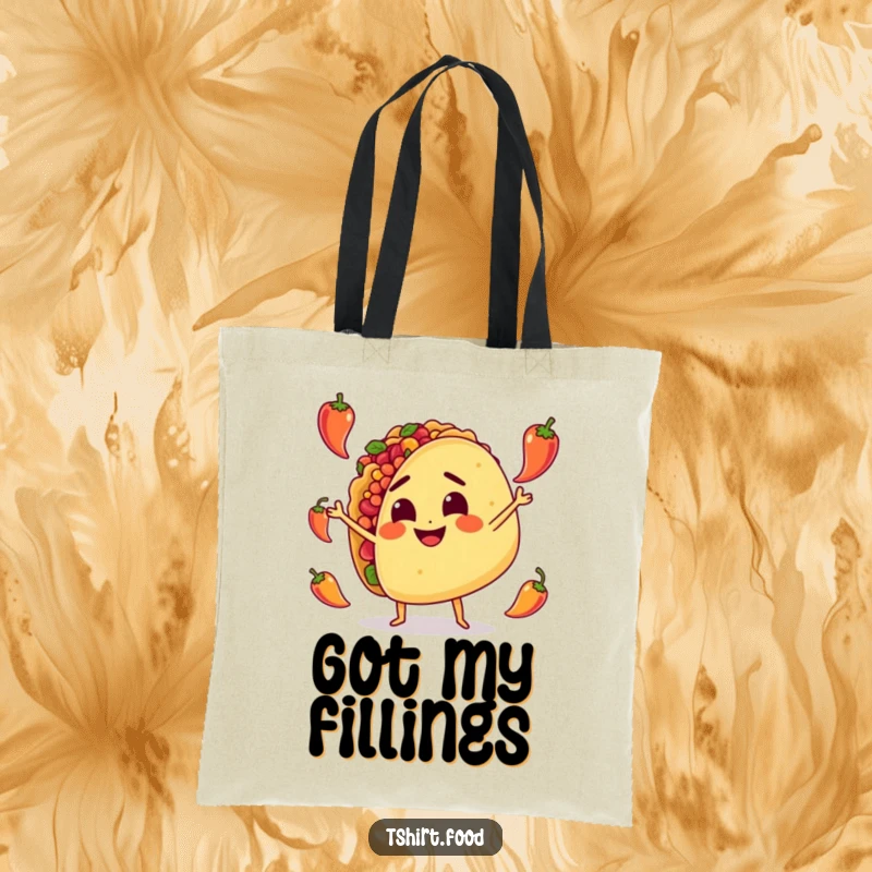 Funny Tote Bag: A smiling taco character with intense focus juggles miniature spicy peppers, showcasing its skill with flair.