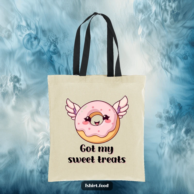 Funny donut tote bag showing a happy donut with wings joyfully soaring, ideal for carrying goodies.
