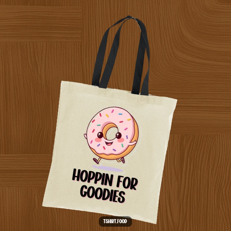 Funny tote bag with a happy, sprinkled donut doing a little hop, perfect for shopping and everyday use with a sweet touch.