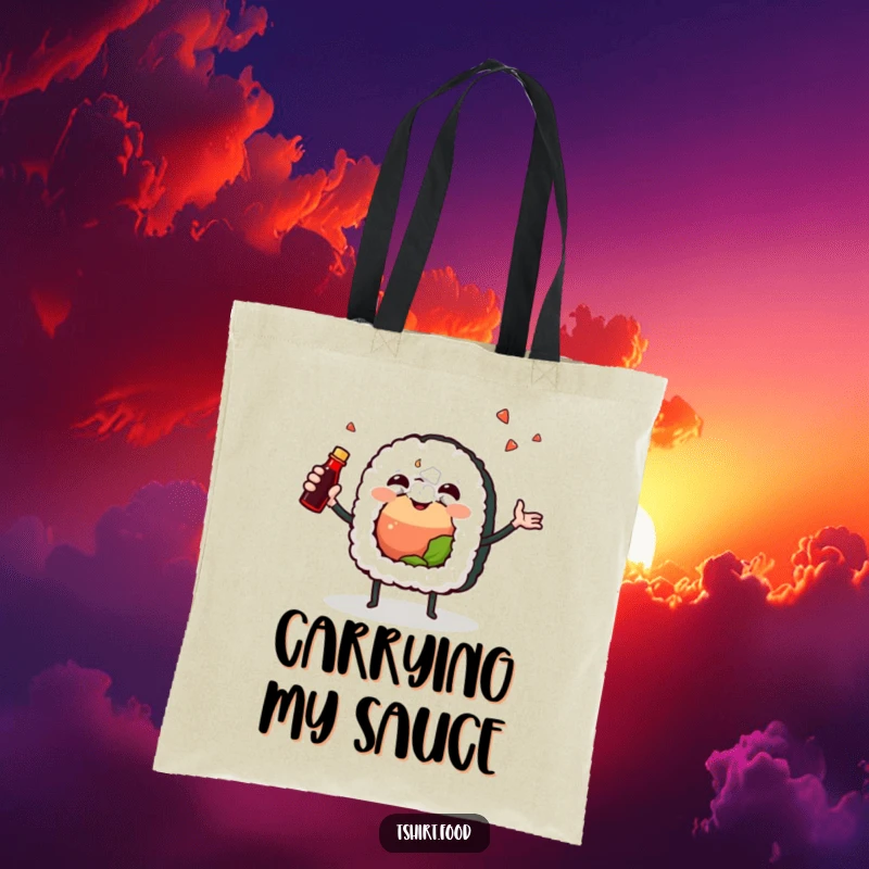 Funny tote bag with a joyful sushi roll character happily juggling a tiny soy sauce bottle, perfect for carrying groceries with foodie flair.