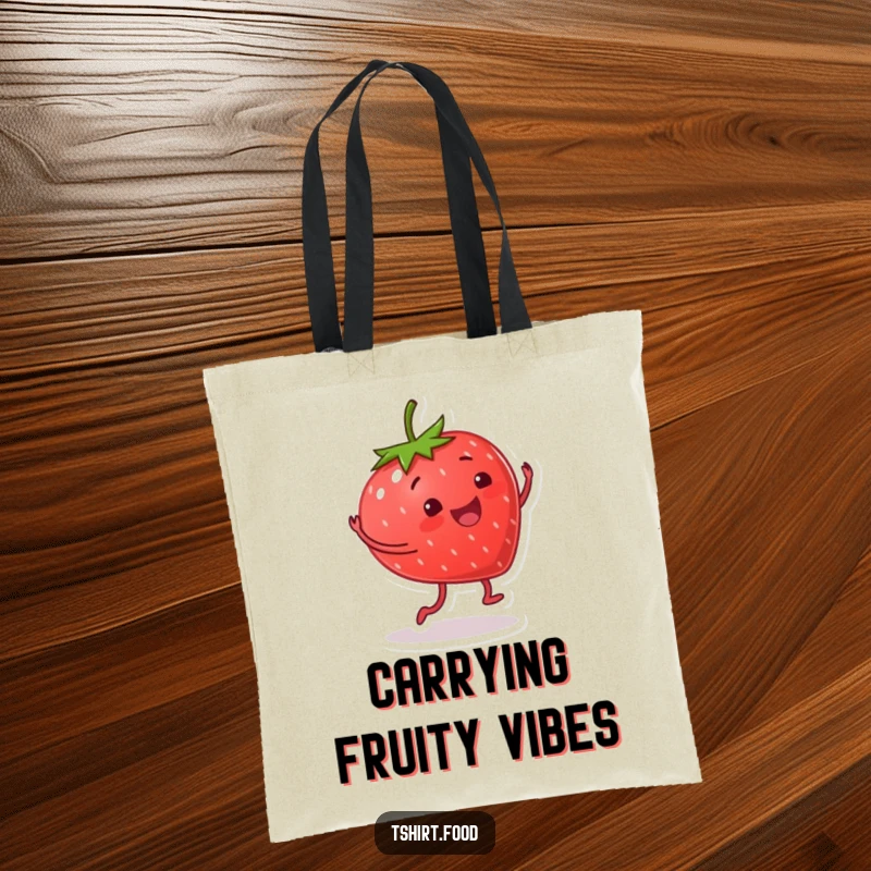 Funny tote bag with a smiling strawberry character performing a happy cartwheel, perfect for carrying essentials with fruity and energetic flair.