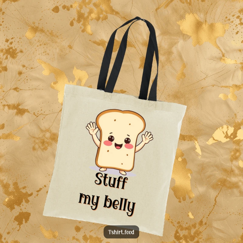 Funny happy loaf of bread in a celebratory jazz hands pose on a durable tote bag, a cheerful accessory.