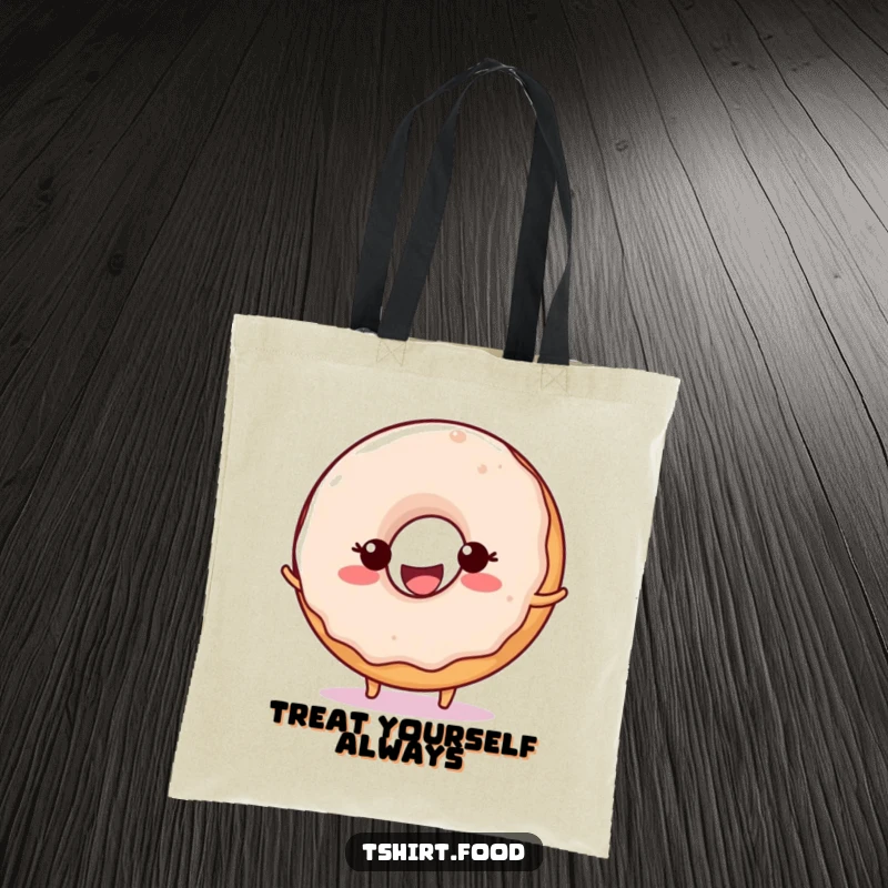 Funny Donut Ball Bounce Tote Bag depicting a happy donut with a big curved smile, actively bouncing a ball, a charming accessory.